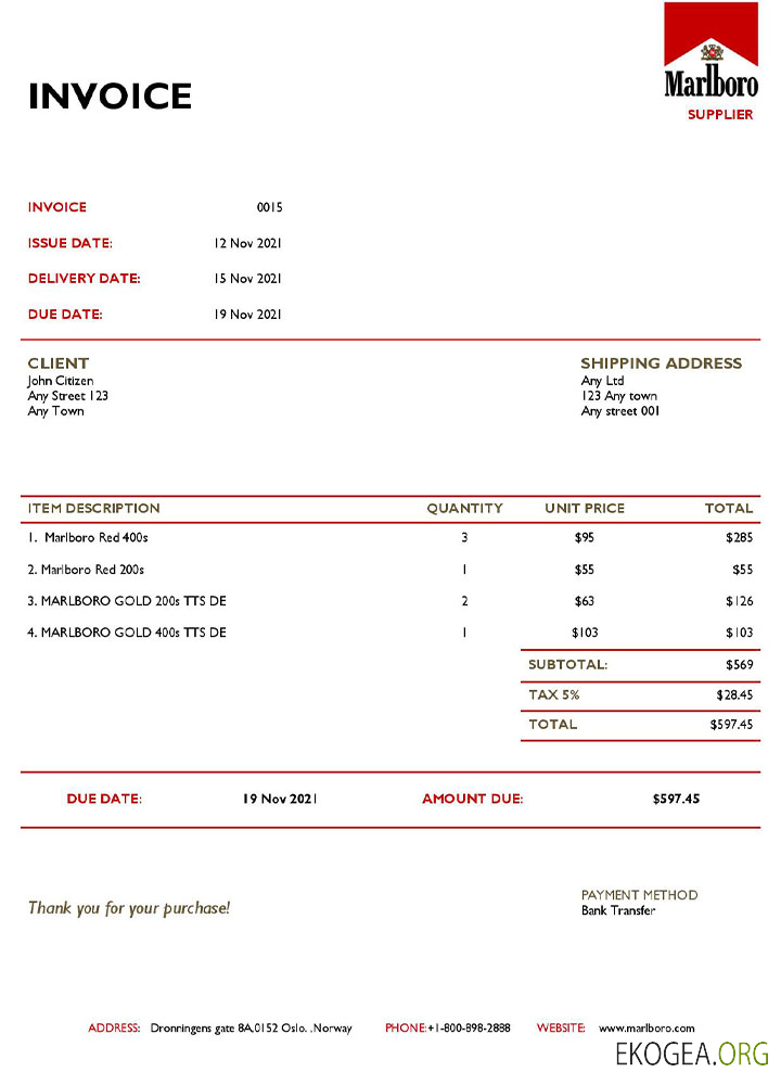 Modèle de facture Marlboro aux États , Unis